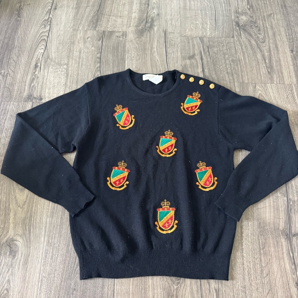 Vintage Jones New York Black Sweater with Colorful Crests size small women Y2K